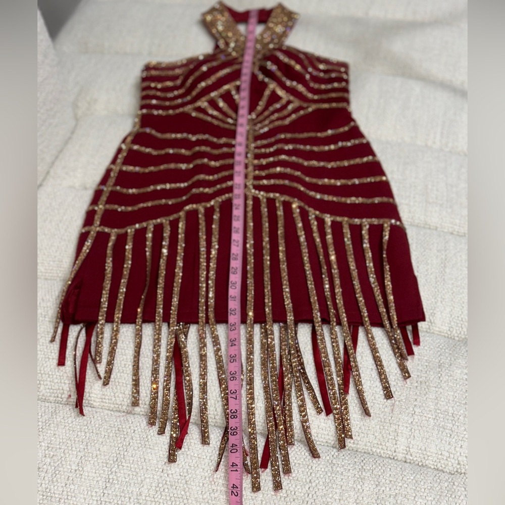 Halter Gold Burgundy Red Short Sparkle Fringe Showgirl Stage Dance Flapper Dress - Picture 9 of 12